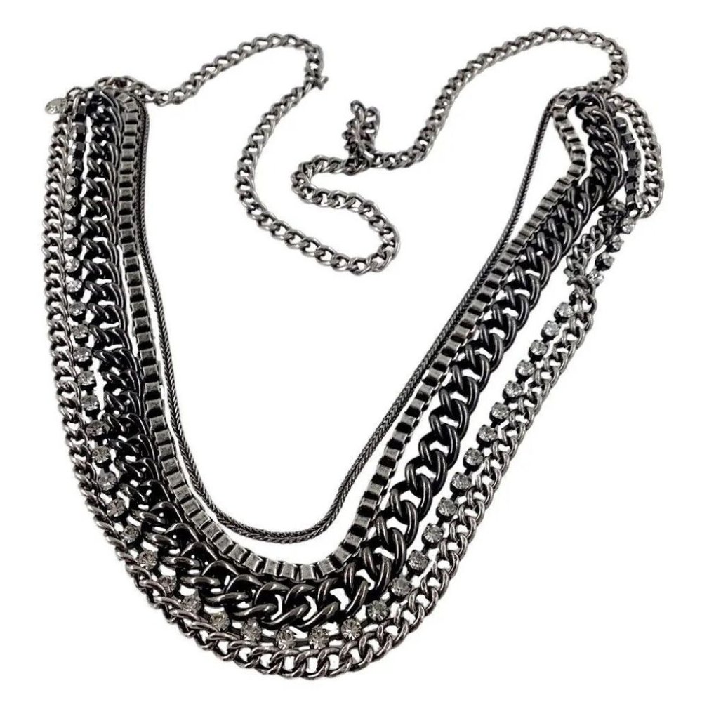 J Crew Multi Chain Layered Endless Necklace, Silver Tone, Rhinestones, Grunge